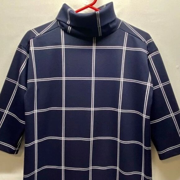 LOFT Ann Taylor Shift Dress Women's Small Navy White Grid Turtleneck Midi EUC - Picture 2 of 11